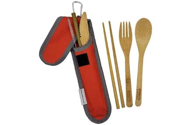 Bamboo Essentials Bamboo travel utensil set with red pouch are long-haul flight essentials