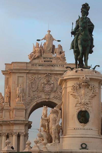 King Joseph I statue and Arco do Triunfo Lisbon Portugal