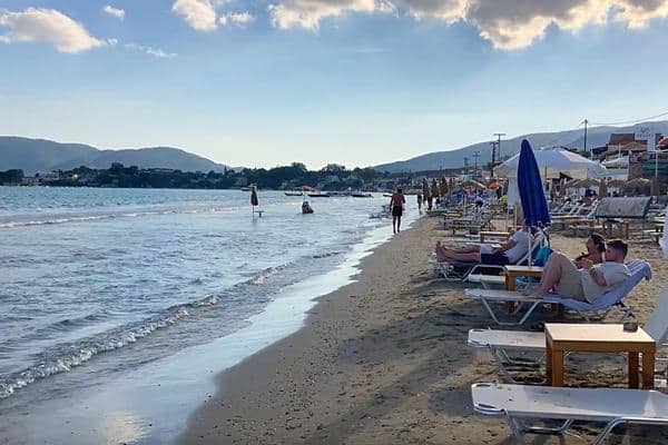 Laganas Beach and beach chairs Kakynthos Greece