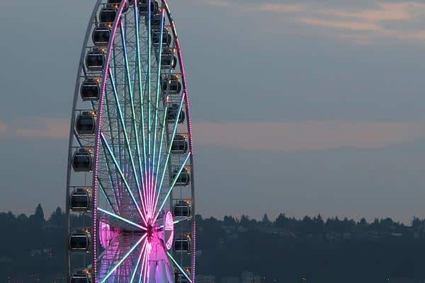 Seattle Ferris Wheel lit at night Washington