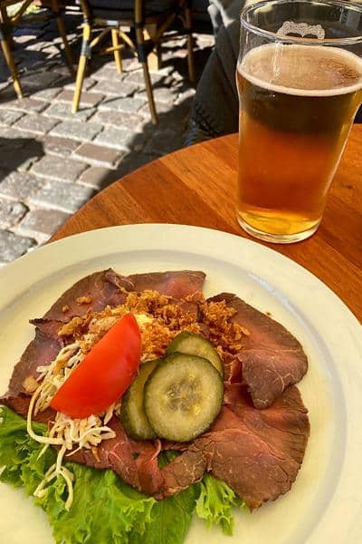 Smørrebrød open faced sandwich and beer Nyhavn