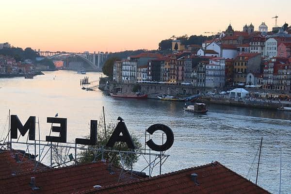 Porto and Douro River from behind Calem sign Portugal