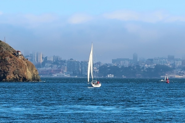 Sailboat on SF Bay in front of San Fran from Tiburon
