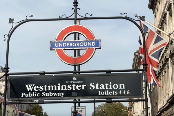 Westminster Underground tube sign London England